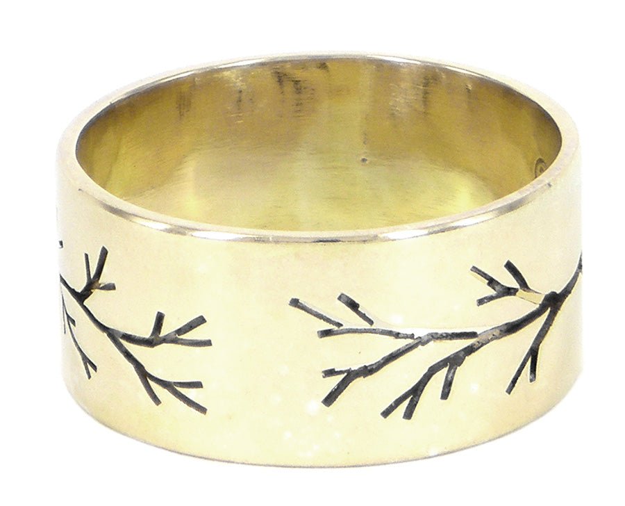 Pierced Tree Parallel men's wedding ring in 9ct gold, crafted by Melissa Baldock. A Melbourne-made piece with intricate design.
