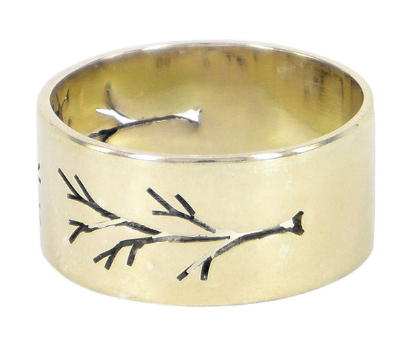 Pierced Tree Parallel men's wedding ring in 9ct gold, crafted by Melissa Baldock. A Melbourne-made piece with intricate design.
 c