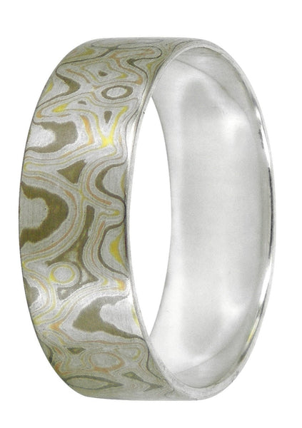 Mokume Gane men's wedding ring in 18ct white, yellow, and rose gold, designed by Melissa Baldock. A Melbourne-made piece with exquisite detail.
