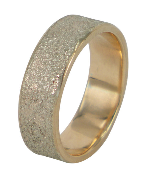 Golden Earth men's wedding ring in 9ct rose gold with 9ct white gold frosting, crafted by Jeanette Dyke. A Melbourne-made design with artisanal beauty.
 v