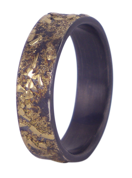 Boulder men's wedding ring in oxidised sterling silver with 18ct yellow gold, designed by Jeanette Dyke. A Melbourne-made ring with rugged elegance.
