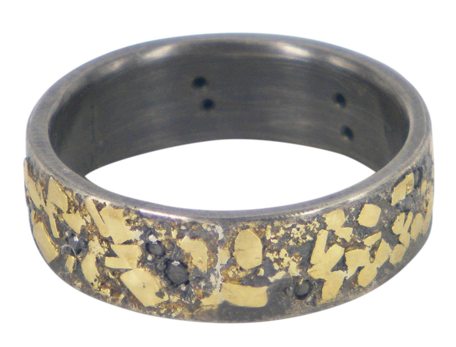 Boulder men's wedding ring with 14 black diamonds, crafted in oxidised sterling silver and 18ct yellow gold by Jeanette Dyke. A Melbourne-made standout piece.
