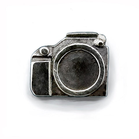 Handcrafted Camera Lapel Pin by Victoria Mason, Australian-made accessory for suits or jackets, featuring a vintage-inspired design 