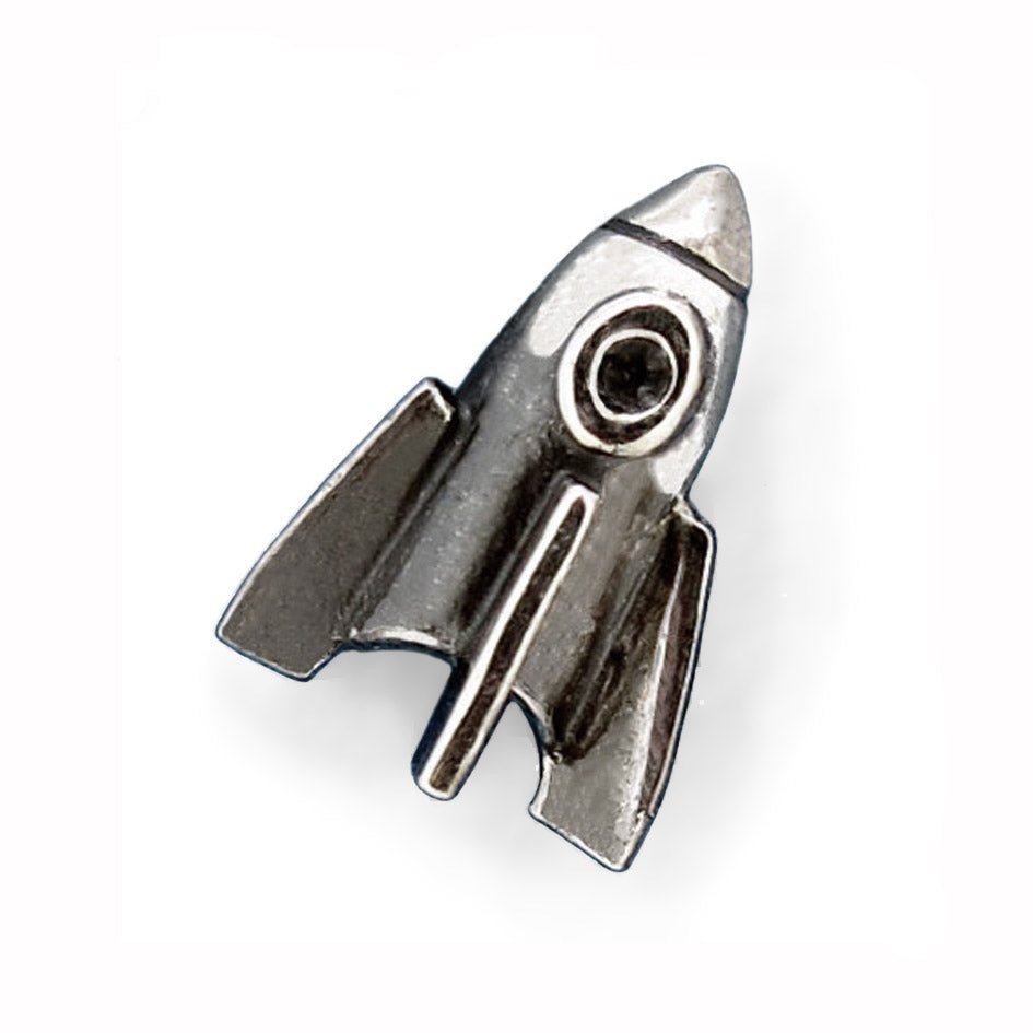 Handcrafted Rocket Lapel Pin by Victoria Mason, Australian-made novelty accessory with an intricate design, perfect for suits, jackets, and casual wear.