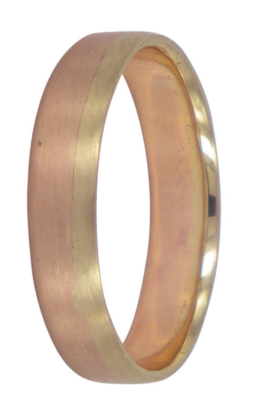 Along 5mm wedding ring handcrafted in 9ct yellow and rose gold, designed by Aimee Sutanto. A unique Melbourne-made men's wedding ring showcasing artisanal craftsmanship.
