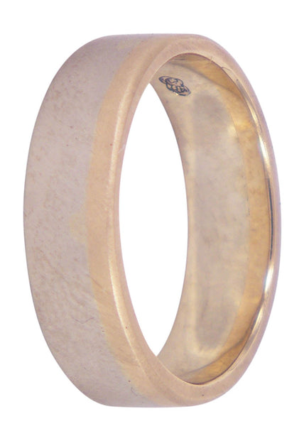 Along 6mm wedding ring crafted in 9ct white and yellow gold, designed by Aimee Sutanto. A Melbourne-made men's wedding ring with artisanal elegance.
