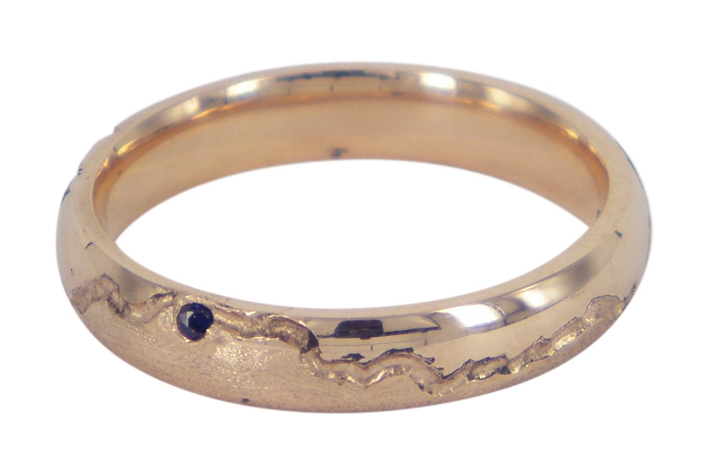 Sapphire Coast 4mm men's wedding ring in 9ct rose gold with a mid-blue sapphire, crafted by Danielle Sweeney. A Melbourne-made ring with a vibrant touch.
