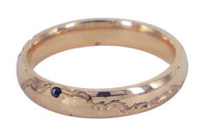 Sapphire Coast 4mm men's wedding ring in 9ct rose gold with a mid-blue sapphire, crafted by Danielle Sweeney. A Melbourne-made ring with a vibrant touch.
