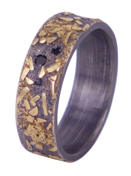 Boulder men's wedding ring in oxidised sterling silver with 18ct yellow gold and 3 black diamonds, designed by Jeanette Dyke. A Melbourne-made statement piece.
