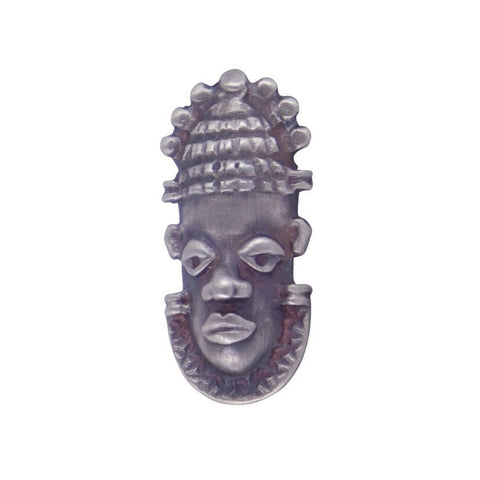 Handcrafted Tribal Mask Lapel Pin by Gary Barnes, Australian-made accessory featuring a bold and intricate cultural design for formal or casual wear.